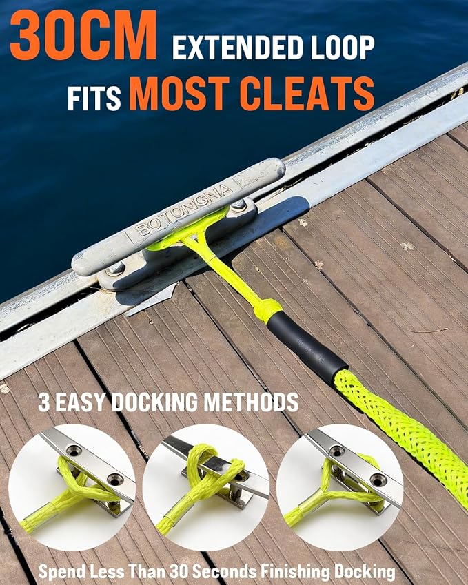 Boat Accessories 4Feet Boat Bungee Dock Lines (2 Pack) with 30cm Extended Loop Shock Absorbing, 316 Stainless Steel Clip & Floating Foam, Mooring Lines for Boats, Jet Ski, Pontoon(Neon Yellow)