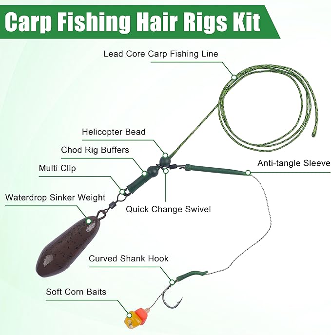 Carp Fishing Rigs Kit Carp Hair Rig with Carp Sinker Weights Carp Hooks Corn Bait Leader Rigs Quick Change Rolling Swivels Sleeves Carp Fishing Equipment Accessories