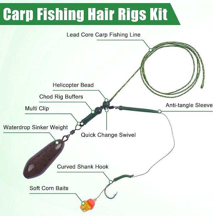 Carp Fishing Rigs Kit Carp Hair Rig with Carp Sinker Weights Carp Hooks Corn Bait Leader Rigs Quick Change Rolling Swivels Sleeves Carp Fishing Equipment Accessories