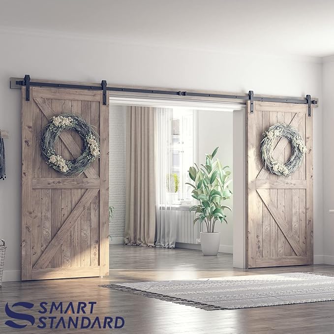 SMARTSTANDARD 14ft Heavy Duty Double Door Sliding Barn Door Hardware Kit - Smoothly and Quietly -Easy to Install -Includes Step-by-Step Installation Instruction Fit 42" Wide Door Panel