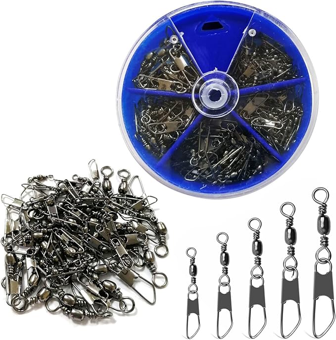 Fishing Snap Swivels Rolling Barrel Swivels with Safety Snaps High Strength Copper and Stainless Steel, Black Nickel Coated Quick Connect Swivel Snap Fishing Tackle
