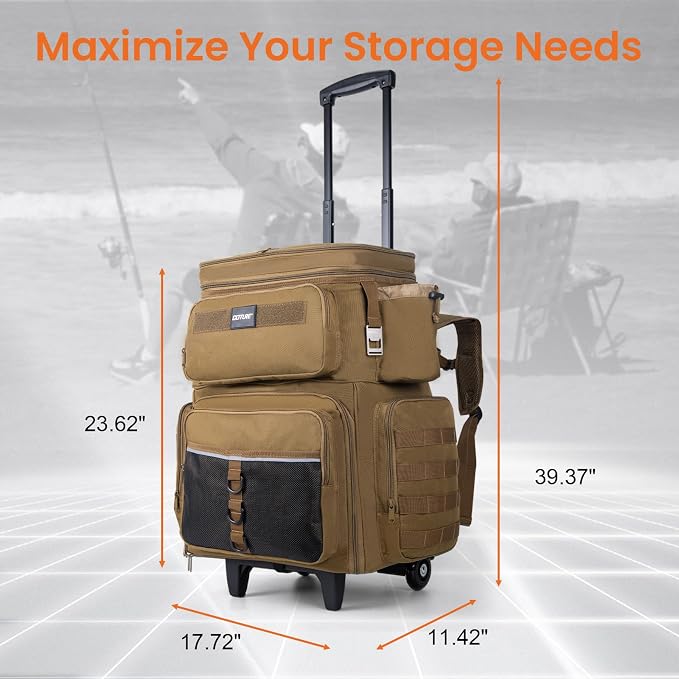Goture 66L Rolling Tackle Box with Cooler, Khaki Large Fishing Bag with Wheels for 5 3700 Trays(Trays Included), Saltwater Resistant Tackle Backpack with Rod Holders