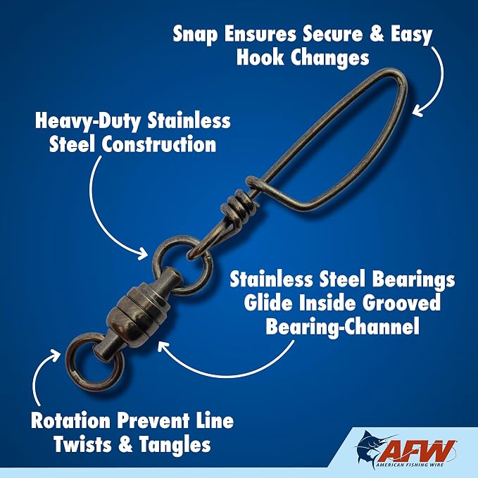 American Fishing Wire Stainless Steel Ball Bearing Snap Swivels with Double Welded Rings