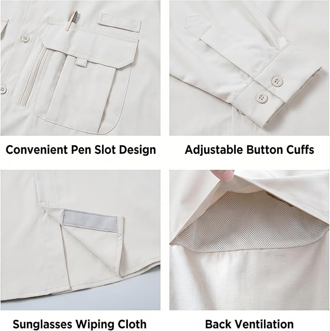 Men's Long Sleeve Fishing Shirts UPF 50+ Sun Protection Quick Dry Shirts Button Down Shirt for Hiking Camping