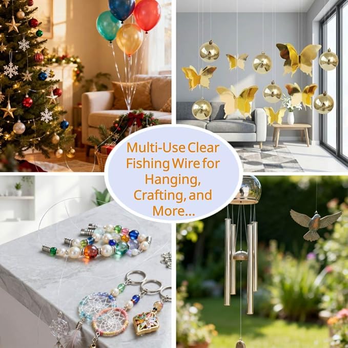 Aboda Clear Fishing Line 0.2-1 mm, Strong Invisible Nylon Fishing Wire 8-100 lb Test Includes Crimp Sleeves, Clear String for Hanging Decorations Balloons Garlands Crafts & Jewelry