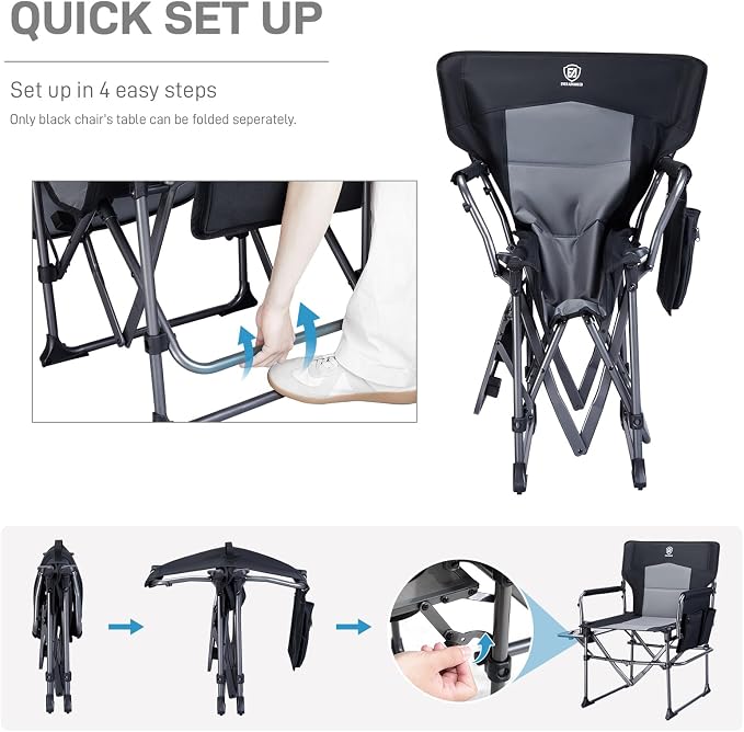 EVER ADVANCED Camping Directors' Chair with Side Table, Portable Folding with Compact Size, Heavy Duty Lawn Chair with Pocket for Camping, Lawn, Sports and Fishing, 400lbs, Black