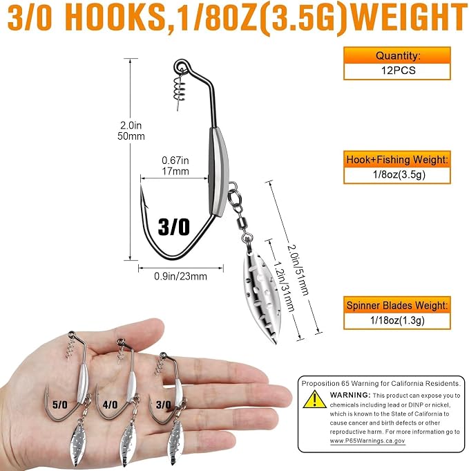 Dovesun 12PCS/44PCS Weighted Swimbait Hooks Weighted Fishing Hooks Saltwater Freshwater Worm Weedless Hooks for Bass Fishing 3/0 4/0 5/0