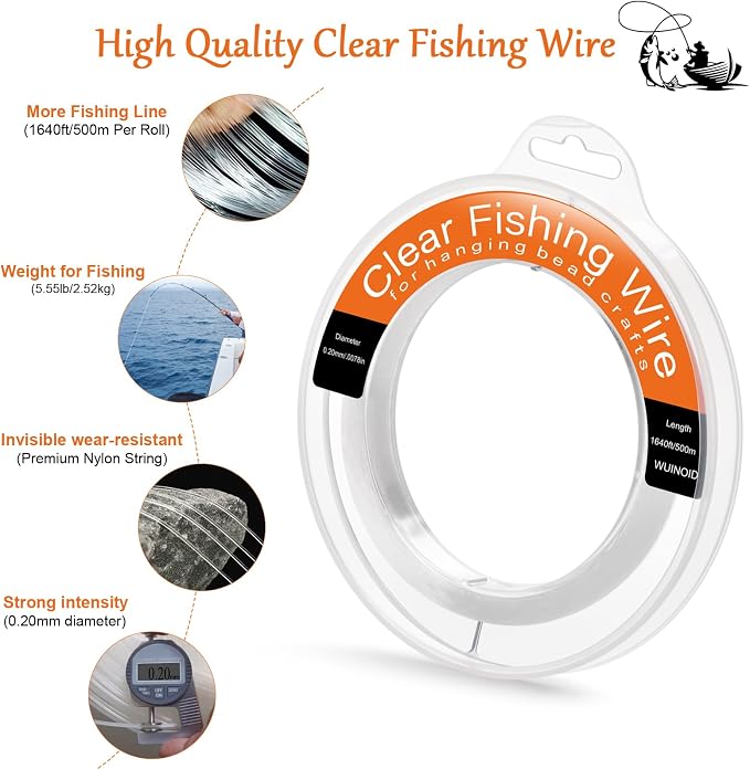 Clear Fishing Line Wire 755 ft, Invisible Monofilament Fishing Line Wire, Nylon String for Hanging Balloons Garland Crafts Picture Decorations, Clear String Threads Cords WUINOID