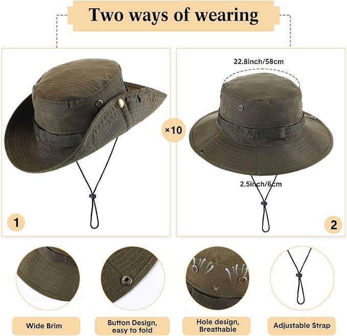 Xtinmee 10 Pcs Bucket Hat Bulk Safari Hat Wide Brim Boonie Hiking Fishing with Chin Strap for Women Men Adult Summer