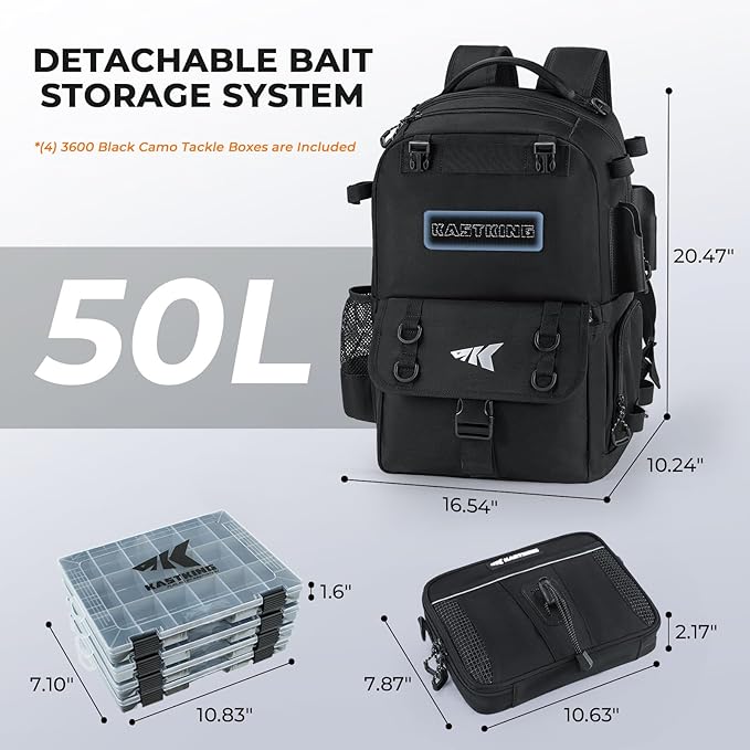 KastKing BaitSpace Fishing Tackle Backpack with Removable Bait Binder,2 Rod Holders Storage Fishing Gear and Equipment