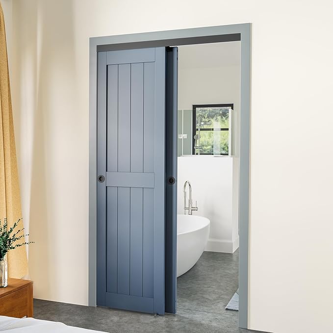 SMARTSTANDARD 48"/4FT Ceiling Mount Bypass Sliding Door Hardware Kit for Cabinet Closet, Double Pocket Doors Hardware with Finger Pull, Smoothly and Quietly, Fit 24.5" Wide Door Panel, No Door, Black