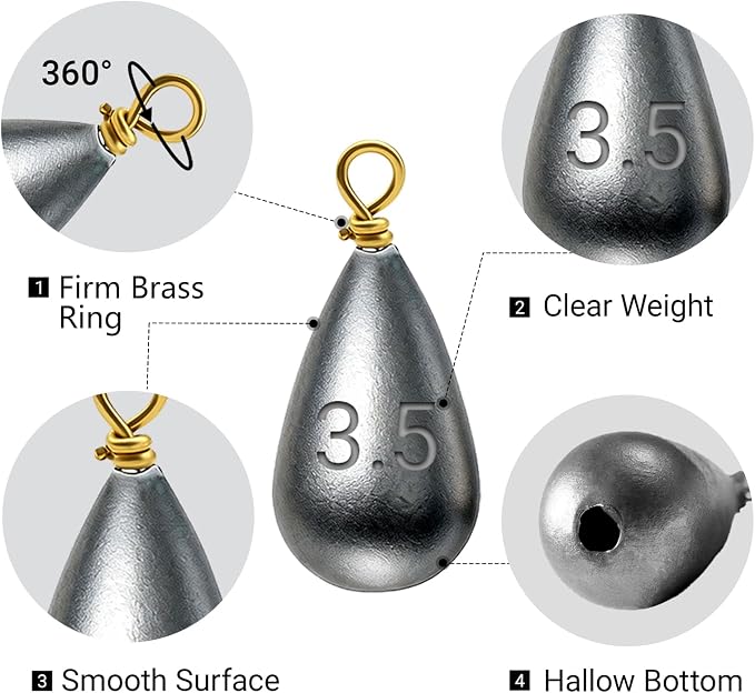Casting Sinker Weights Assortment, Teardrop Fishing Sinkers with Brass Swivel Loops, 1/8 oz to 3/4 oz, Drop Shot Weights for Bass Catfish, Freshwater Saltwater