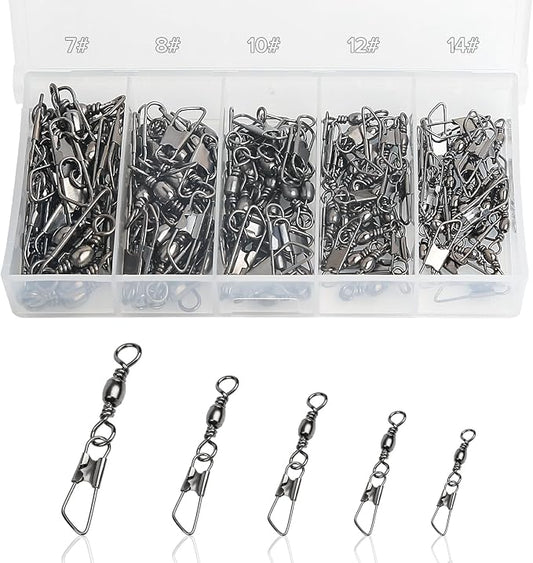 Realure 100 Pcs Fishing Swivels and Clips, Safety Snaps Swivels Fishing Tackle, Sea Fishing Swivels, Rolling Swivel for Quick Change Swivels Fishing Hook to Line Connectors (7# 8# 10# 12# 14#)