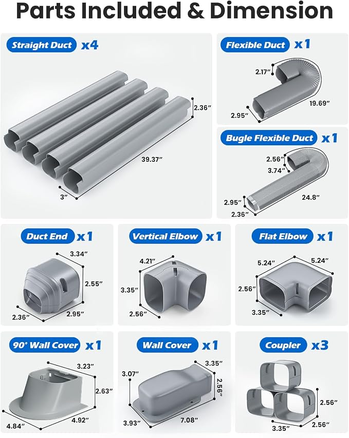 3" 17 Mini Split Line Cover Set: PVC Decorative Pipe Line Hide Cover Kit for Ductless Mini Split Air Conditioner, Central AC and Heat Pumps, Gray