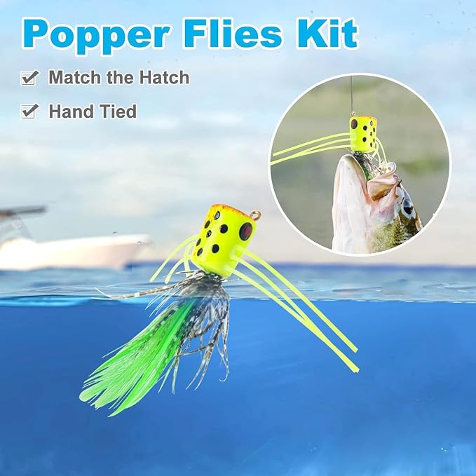 Fly Fishing Poppers Flies, Fly Popper Lures Bass Bluegill Crappie Trout Salmon Panfish Perch Popper Flies Kit for Fly Fishing