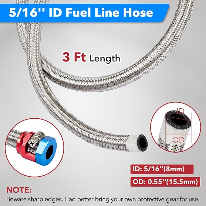 CarBole Stainless Steel Braided Fuel Line, 5/16" I.D. Diesel Hose Swap EFI PTFE with Fittings for Automotive Fuels Lubricants Coolants (3 FT)