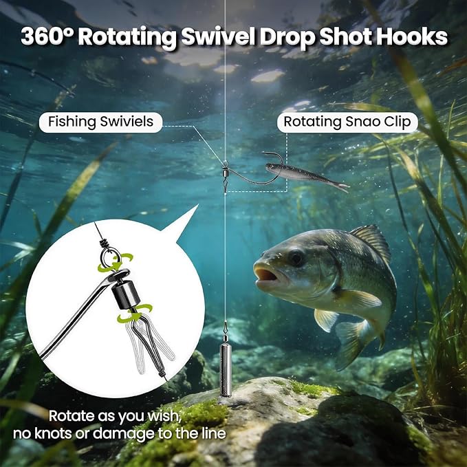 FishTrip 30pcs Swivel Drop Shot Hooks Fishing Rig, EWG Dropshot Hook Rigging for Bass Fishing with Swivel Saltwater Freshwater Sizes 4, 3, 2, 1, 1/0, 2/0, 3/0