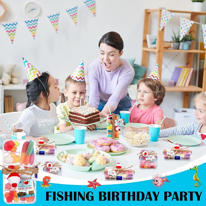 Wonderjune 12 Sets Fishing Party Favors Candy Little Tackle Boxes with Red White Floater Thank You Cards for Making My Reel Fishing Theme Party Decorations