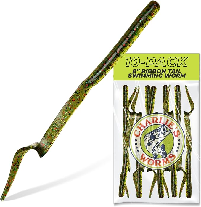 Charlie's Worms Artificial Fishing Bait 8" Ribbon Tail Swimming Worm, Freshwater Saltwater Bass Soft Lures Scented 10pk