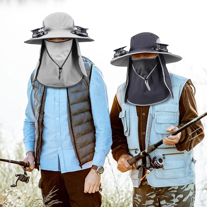 Glitopper 2 Pcs Solar Fan Hat with 2 Fan Wide Brim Removable Face Cover Cooling Fishing Buckets Hats