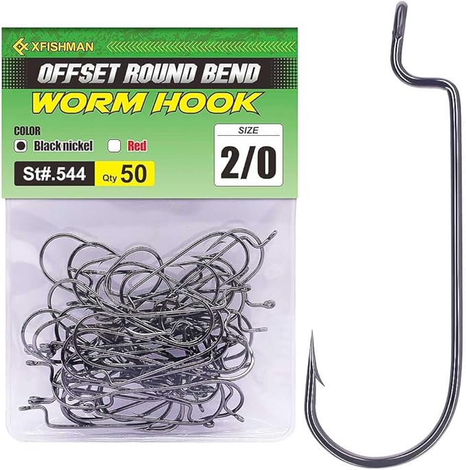 Offset-Worm-Hooks-for-Bass-Fishing-Round Bend Plastic Worms Texas Rig Hook Black Red 1/0 2/0 3/0 4/0