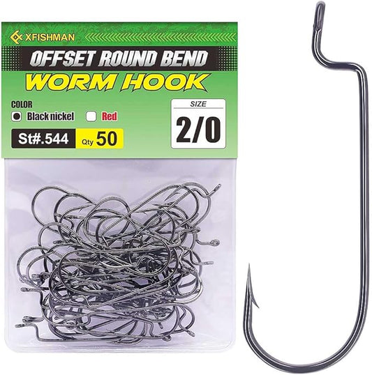 Offset-Worm-Hooks-for-Bass-Fishing-Round Bend Plastic Worms Texas Rig Hook Black Red 1/0 2/0 3/0 4/0