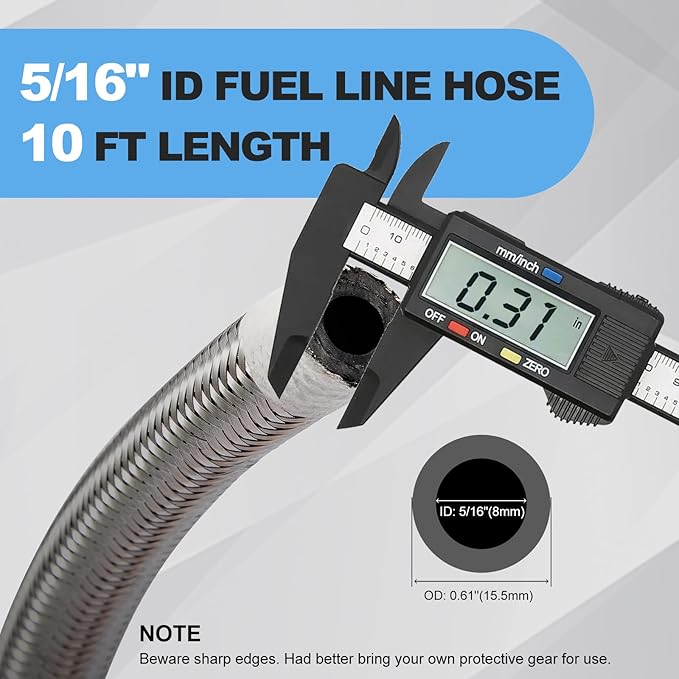 CarBole 10FT Stainless Steel Braided Fuel Line, 5/16" I.D. Diesel Hose Swap EFI PTFE with Fittings for Automotive Fuels Lubricants Coolants