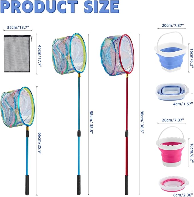 2PCS Telescoping Kids Fishing Net with Handle and Collapsible Bucket Kits-with Lightweight Aluminum Pole,Suitable for Catching and Releasing Fish,Minnow,Crabs,Butterfly,Frogs or Small Animals Outdoor