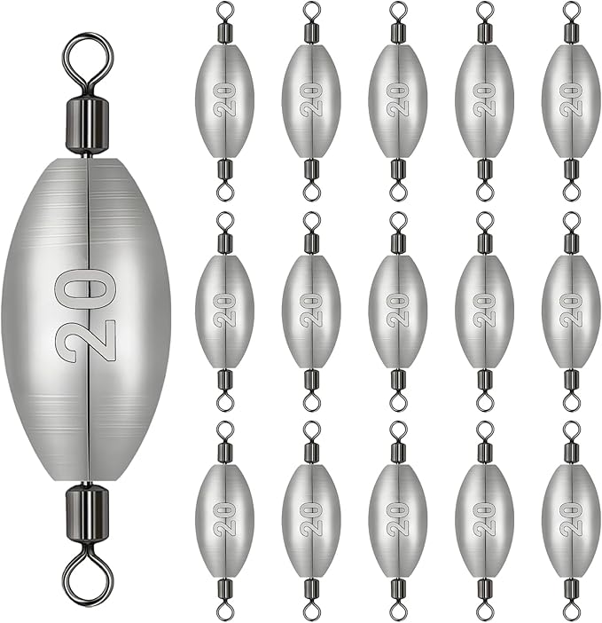 Inline Trolling Weights with Swivel, Fishing Sinkers for Catfish Bass Saltwater Freshwater, Anti-Twist Smooth Rolling Egg Sinker Design, Assorted Sizes Fishing Weights Kit