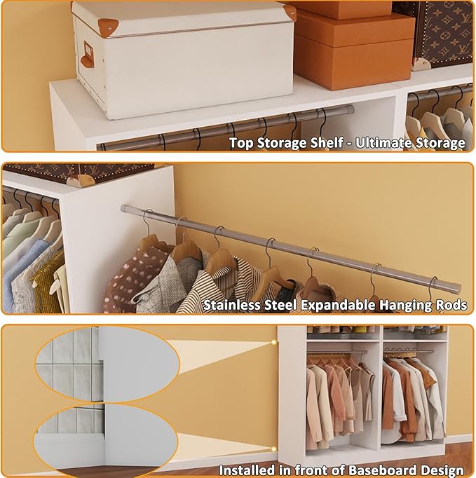 Closet System, 4FT Wood Closet Organizer System Small Walk-in Closet Freestanding Corner Closets Shelf Storage with 6 Hanging Rods, Modular Closet Systems White (4FT)