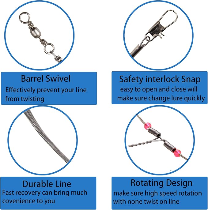 Fishing Leader Saltwater Freshwater,Stainless Steel Fish Rig with Swivel Snap Beads Connector Lure Bait and Hooks Fish Trace Lure Steel Wire Fishing Tackle Kit