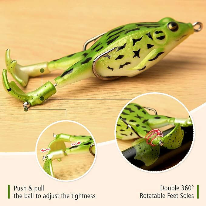 Topwater Frog Lure Bass Trout Fishing Lures Kit Set Realistic Prop Frog Soft Swimbait Floating Bait with Weedless Hooks for Freshwater Saltwater