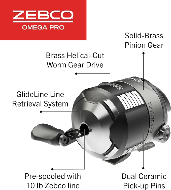 Zebco Omega Pro Spincast Fishing Reel, Dual Ceramic Pick-up Pins, Solid-Brass Pinion Gear, GlideLine ll Line Retrieval System, Pre-Spooled