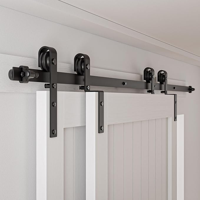 4-14FT Bypass Sliding Barn Door Hardware Kit Single Track System Carbon Steel Basic Roller Hanger Easy to Install Fit Double 54" Wide Doors Panels (9ft Single Track Bypass)