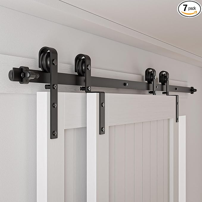 4-14FT Bypass Sliding Barn Door Hardware Kit Single Track System Carbon Steel Basic Roller Hanger Easy to Install Fit Double 40" Wide Doors Panels (6.6ft Single Track Bypass)