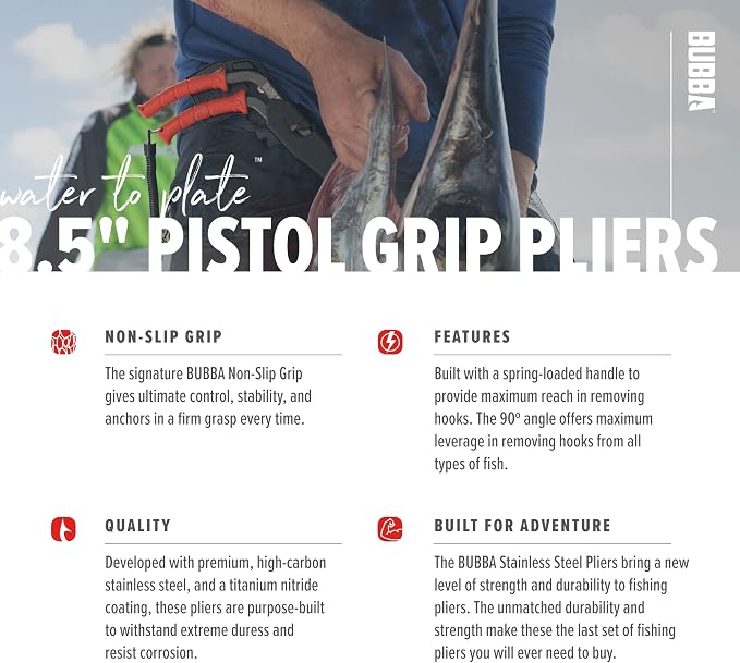 BUBBA Pistol Grip Stainless Steel Pliers, Spring Loaded with Crimping Tool and Anvil Cutter, Lanyard Hold and Sheath