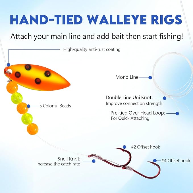 Eupheng Hand-Tied Walleye Rigs 15LB Spinner Crawler Harness with Colorado & Willow Blades, Single/Double Sharp Hooks, Pre-Rigged Bait Rigs for Walleye, Bass, Trout, Salmon – 6PCS/12PCS Kit
