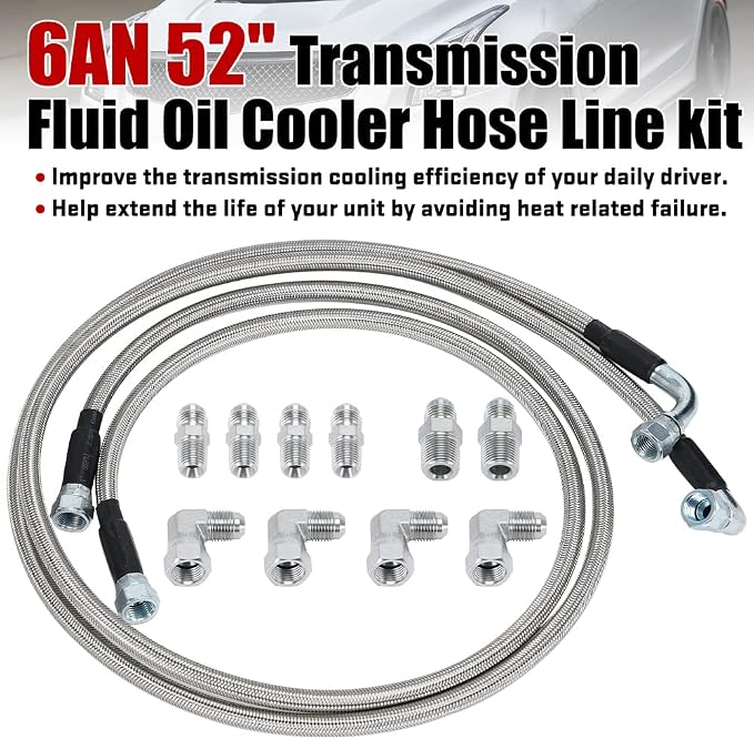 6AN 52" Transmission Fluid Oil Cooler Hose Line kit for GM Chevy Ford GMC Buick Cadillac Cars and Trucks Stainless Steel Braided PTFE Hose