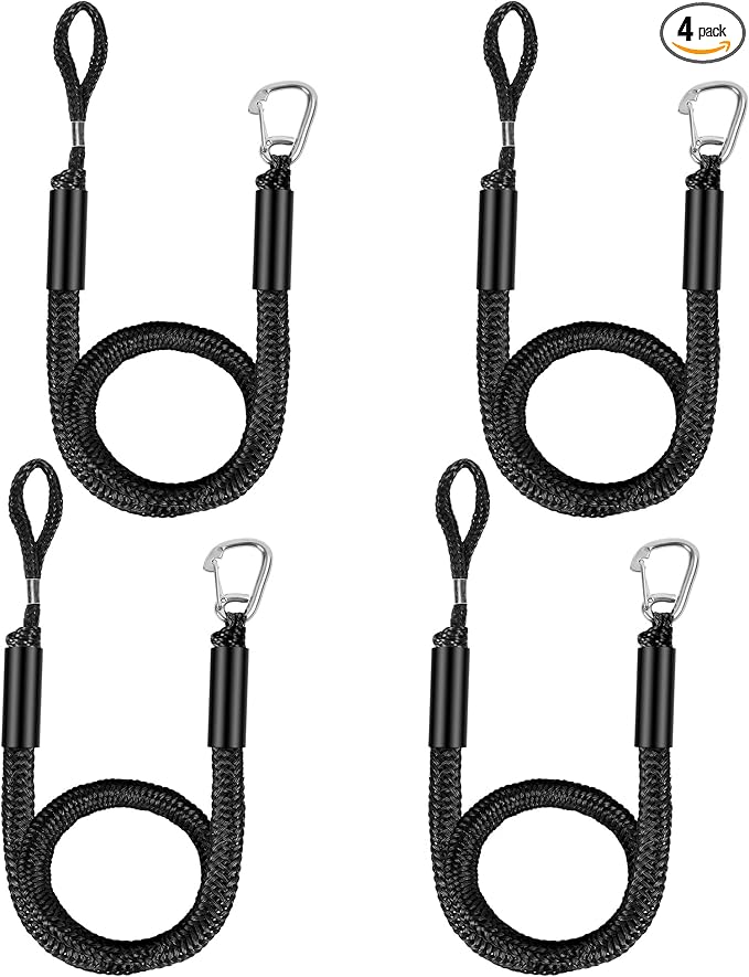 Boat Bungee Dock Lines, Mooring Rope with Stainless Steel Clip,Boat Ropes for Docking, Boat Accessories, Suit for PWC, Kayak, Seadoo, WaveRunner, Pontoon, Bass Boat, 4ft (Black)