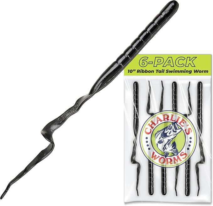 Charlie's Worms 10" Ribbon Tail Soft Plastic Worms for Bass Fishing, Freshwater & Saltwater Lures, Scented Swim Bait, Texas Rigged, Weedless, Large & Smallmouth, White Firetail, 6-Pack