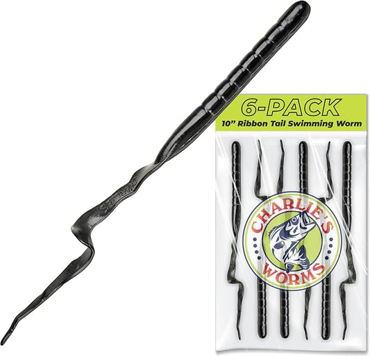 Charlie's Worms 10" Ribbon Tail Soft Plastic Worms for Bass Fishing, Freshwater & Saltwater Lures, Scented Swim Bait, Texas Rigged, Weedless, Large & Smallmouth, White Firetail, 6-Pack