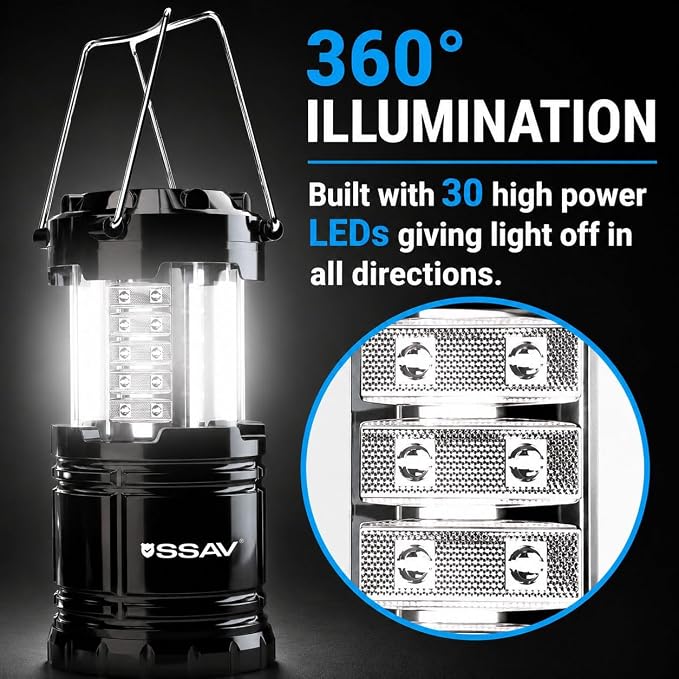 SSAV LED Camping Lantern, Emergency Lanterns for Power Outages & Hurricane Preparedness, Collapsible Portable Survival Lights for Camping, Storms & Emergencies, Batteries Included (3, Black)