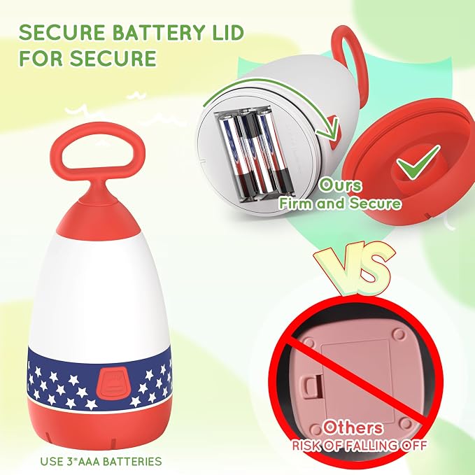 Kids Camping Lantern & Night Light, Battery Powered, 360° Eye-Safe Light, American Flag Pattern, IPX4 Waterproof Scout Gear & Decor (American Flag, 3× AAA Included)