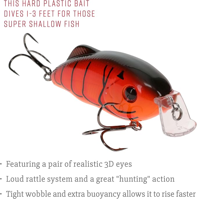 Strike King Hybrid Hunter Shallow Jr. Fishing Lure, Shallow Diving Crankbait, 90-Degree Bill, 3D Eyes, Loud Rattle, Dives 1 to 3-Feet,Size 4 & 6 Treble Hooks