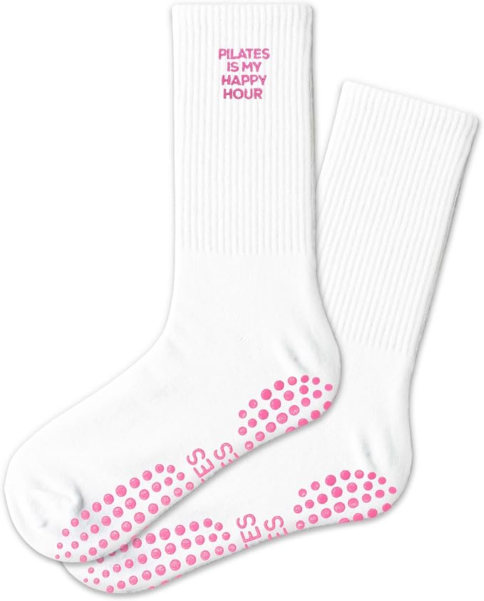 Cute Pilates Grippy Socks, Pink Pilate Gifts for Women, Crew Grip Socks for Studio Pilate.