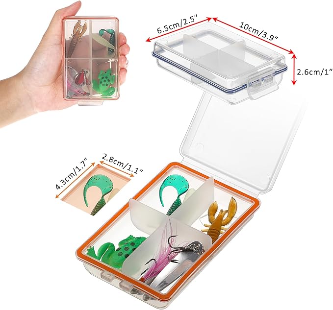 JUXYES Pack of 6 Plastic Small Fishing Tackle Box Organizer with 4 Compartments, Clear Mini Fishing Tackle Storage Boxes with Dividers, Transparent Fish Pocket Tackle Storage Box Lure Box