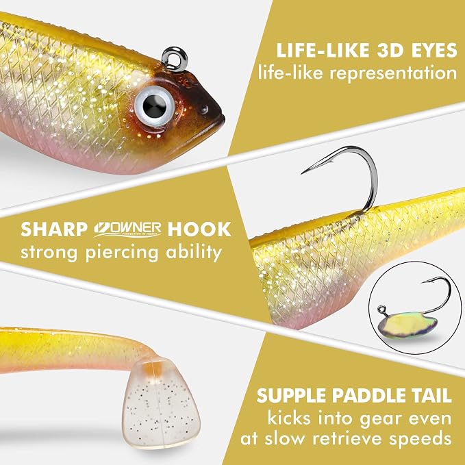 GOTOUR Pre-Rigged Soft Fishing Lures with Weedless Hook, Lifelike Paddle Tail Swimbaits for Bass Fishing, Freshwater & Saltwater Fishing Bait, Fishing Tackle for Bass, Pike, Trout, and Walleye