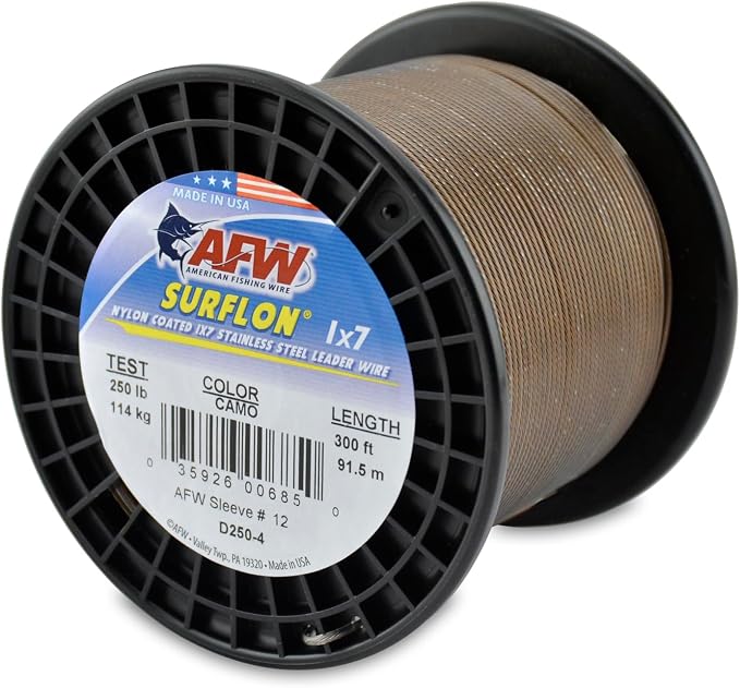 American Fishing Wire Surflon Nylon Coated 1x7 Stainless Steel Wire Leader - Wire Fishing Leader Line for Saltwater 10lb Up To 250lb Test in Bright, Black, Camo in 30ft, 100ft, 300ft, & 1000ft Lengths