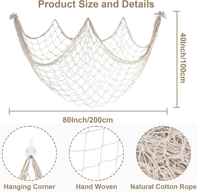 2 Pack Fish Net Decorations - 80x40 Inch Beige Fishing Net Decor for Under The Sea Hawaiian Beach Themed Party, 3mm Natural Cotton Versatile Nautical Netting for Wall Table Ceiling Halloween Decor