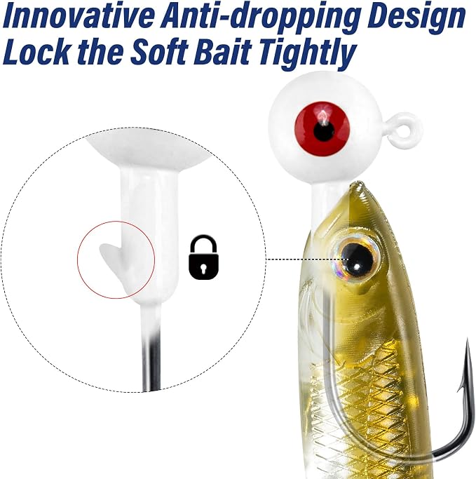Alwonder 10-Pack Round Fishing Jig Heads, Bass Ball Jigs Hooks 3D Eyes High Carbon Steel 1/8-1/2OZ Pompano Jig Head Saltwater Freshwater Jigs Heads for Fishing Pompano Bass Trout Walleye Striper